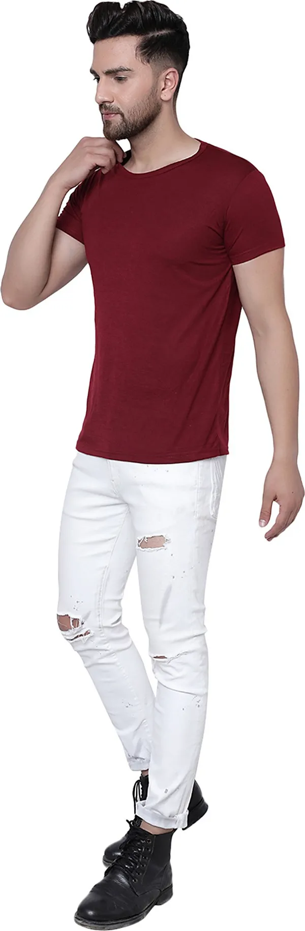 Maroon_Cotton_Solid_Round_Neck_Regukar_Fit_T-Shirt_For_Men