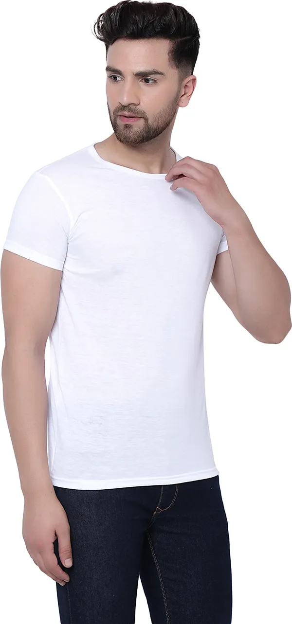 White_Cotton_Solid_Round_Neck__Regukar_Fit_T-Shirt_For_Men