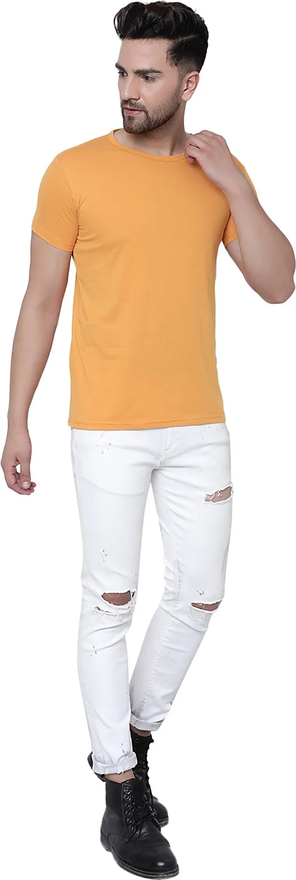 Yellow_Cotton_Solid_Round_Neck_Regukar_Fit_T-Shirt_For_Men