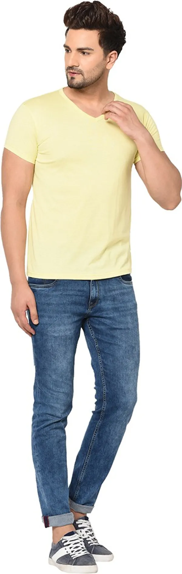 Yellow_Cotton_Solid_V_Neck_Regukar_Fit_T-Shirt_For_Men