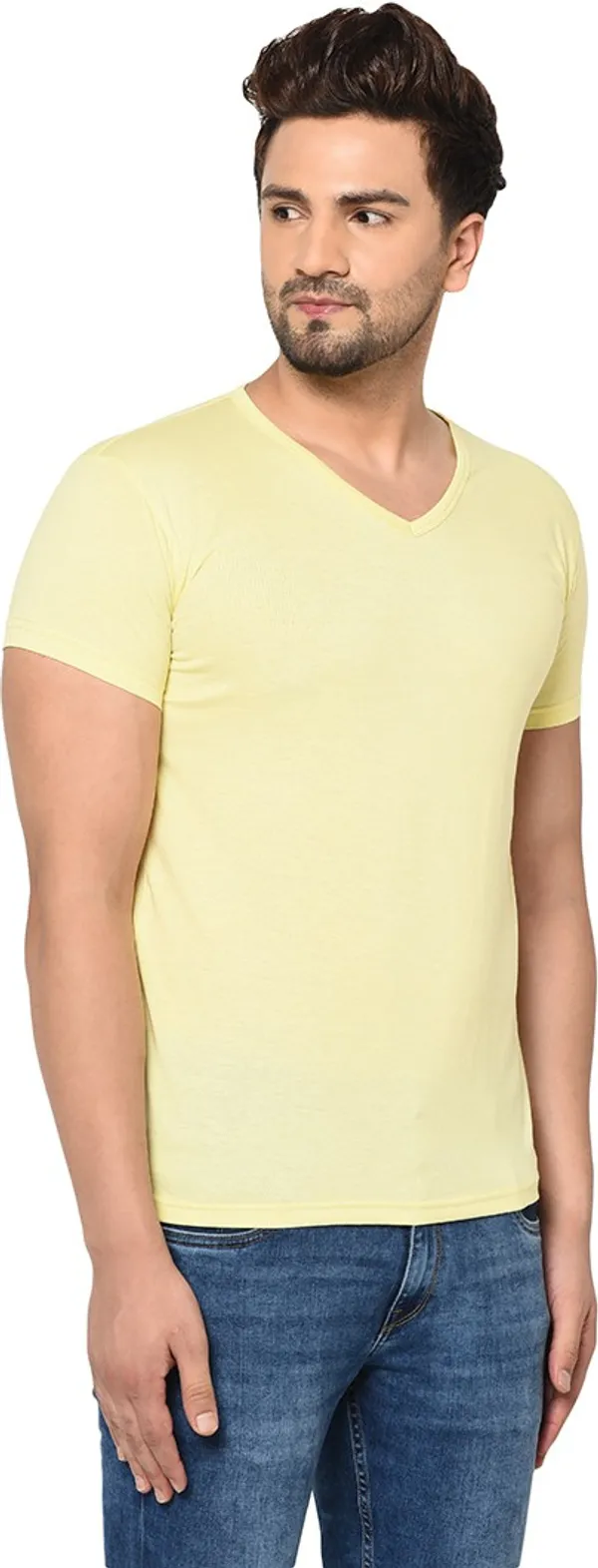 Yellow_Cotton_Solid_V_Neck_Regukar_Fit_T-Shirt_For_Men