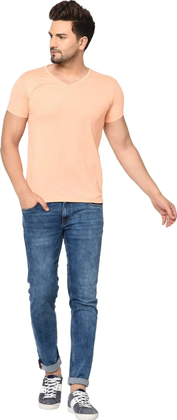 Beige_Cotton_Solid_V_Neck_Regukar_Fit_T-Shirt_For_Men
