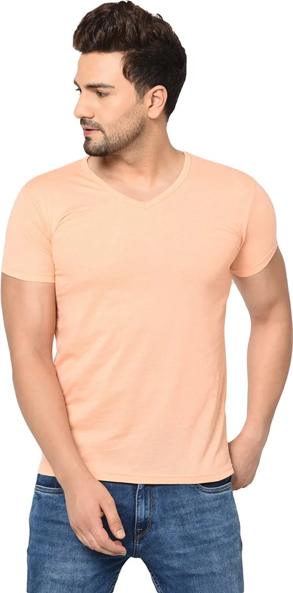 Beige_Cotton_Solid_V_Neck_Regukar_Fit_T-Shirt_For_Men