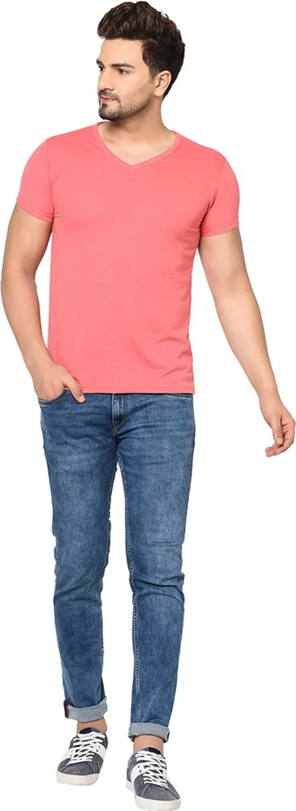 Pink_Cotton_Solid_V_Neck_Regukar_Fit_T-Shirt_For_Men