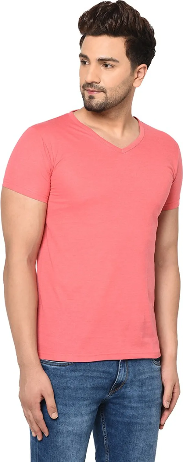 Pink_Cotton_Solid_V_Neck_Regukar_Fit_T-Shirt_For_Men