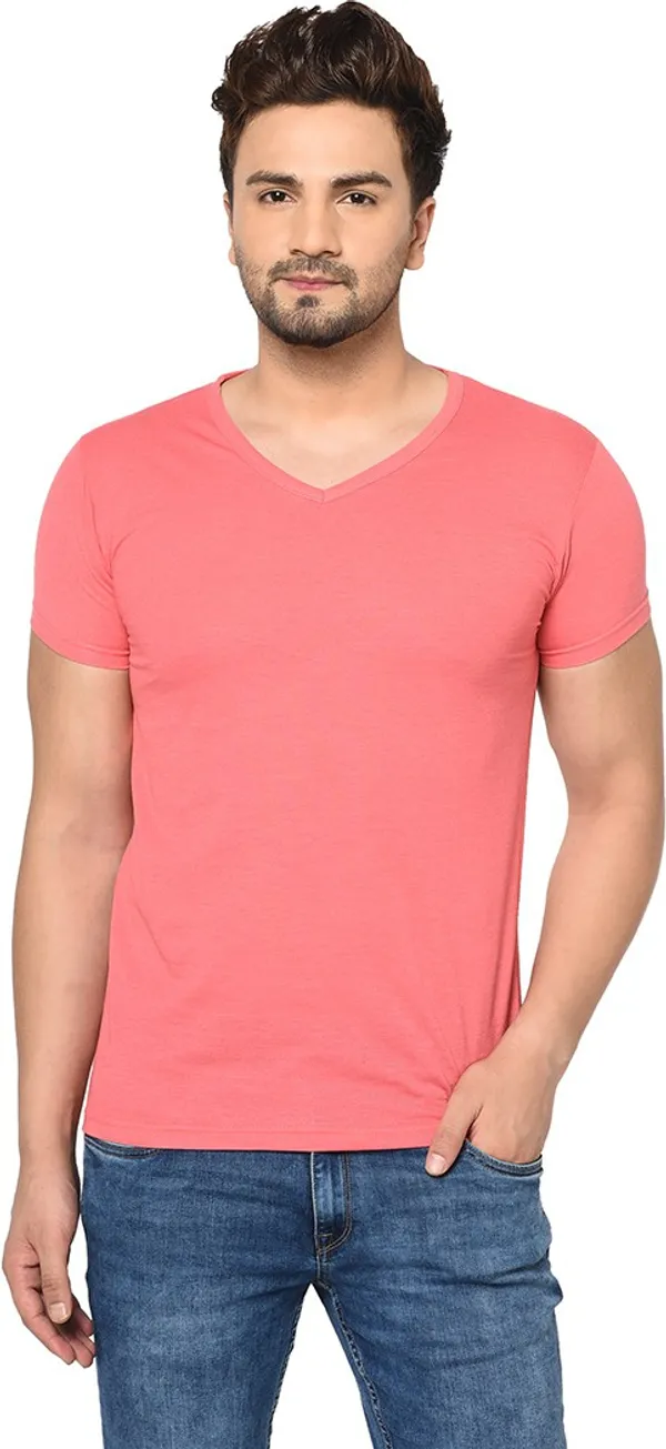 Pink_Cotton_Solid_V_Neck_Regukar_Fit_T-Shirt_For_Men