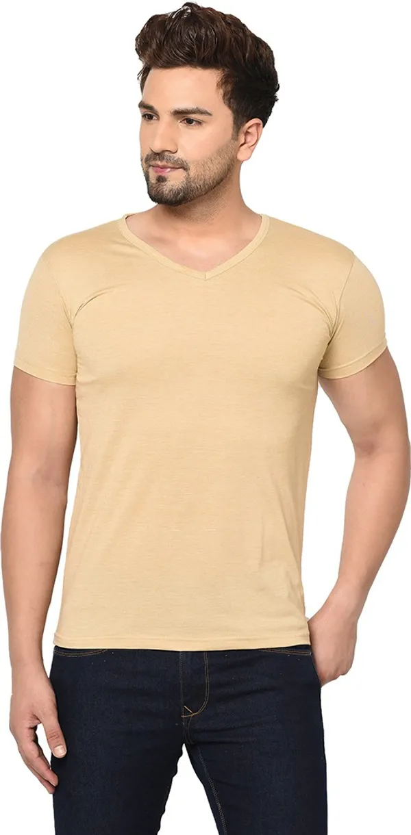 Beige_Cotton_Solid_V_Neck_Regukar_Fit_T-Shirt_For_Men