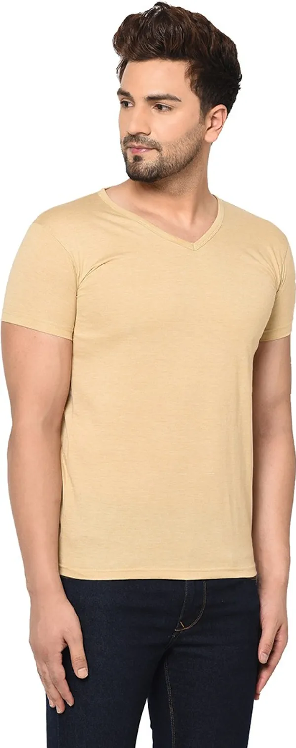 Beige_Cotton_Solid_V_Neck_Regukar_Fit_T-Shirt_For_Men