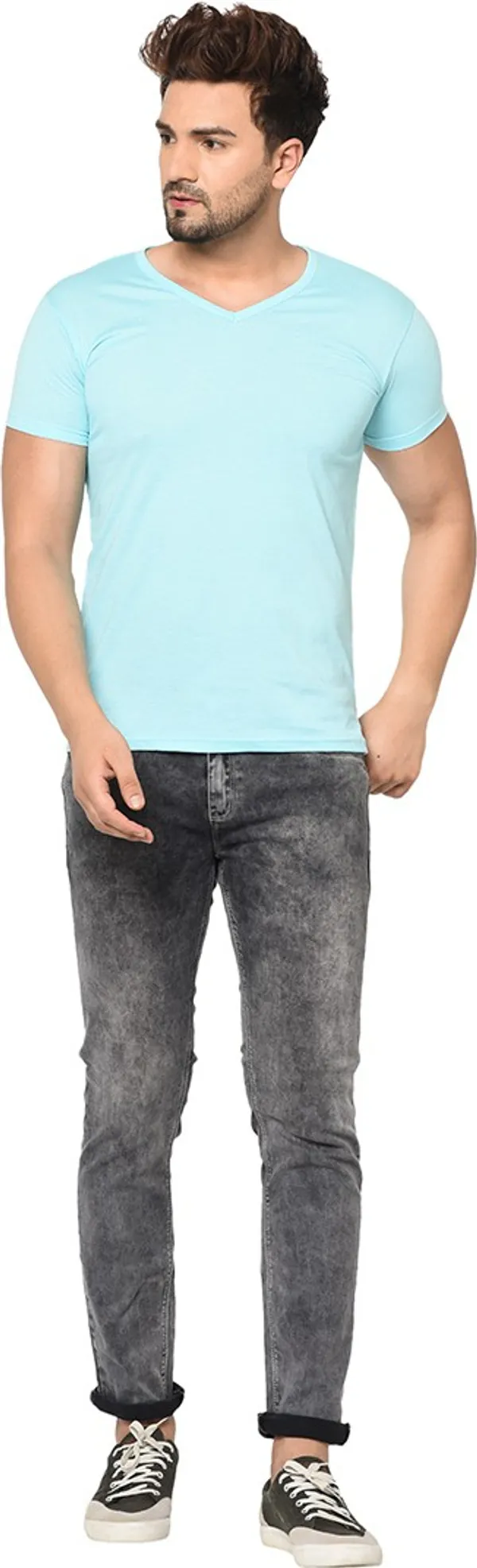 Blue_Cotton_Solid_Men_V_Neck_Regukar_Fit_T-Shirt_For_Men