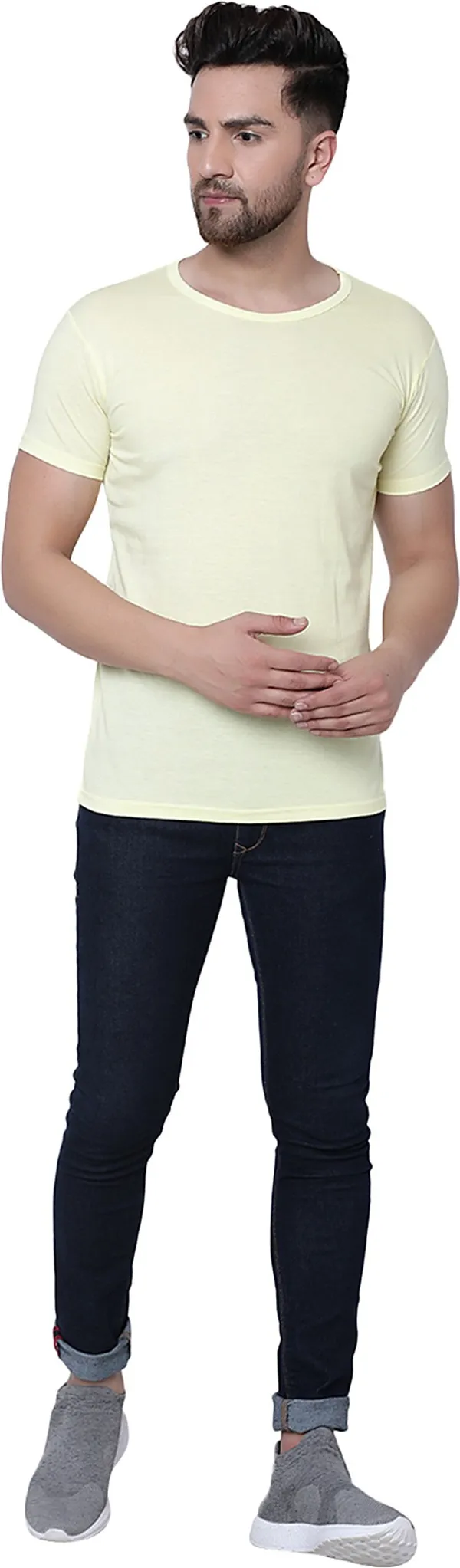Yellow_Cotton_Solid_Round_Neck_Regukar_Fit_T-Shirt_For_Men