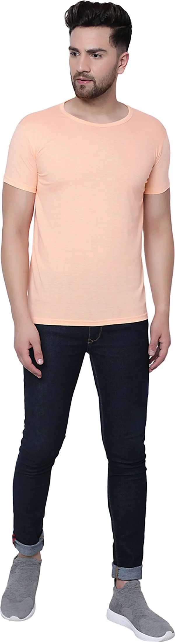Beige_Cotton_Solid_Round_Neck_Regukar_Fit_T-Shirt_For_Men