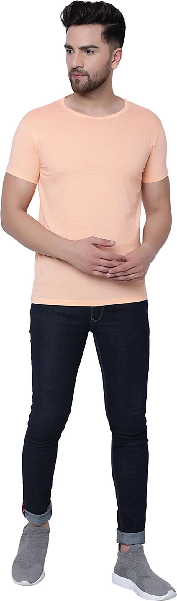 Beige_Cotton_Solid_Round_Neck_Regukar_Fit_T-Shirt_For_Men