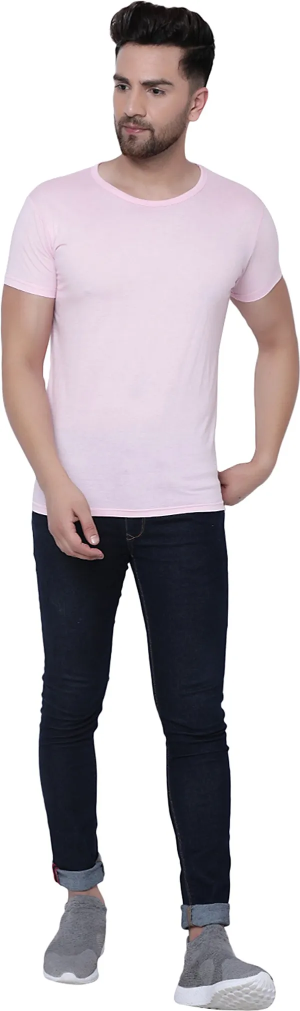 Pink_Cotton_Solid_Round_Neck_Regukar_Fit_T-Shirt_For_Men