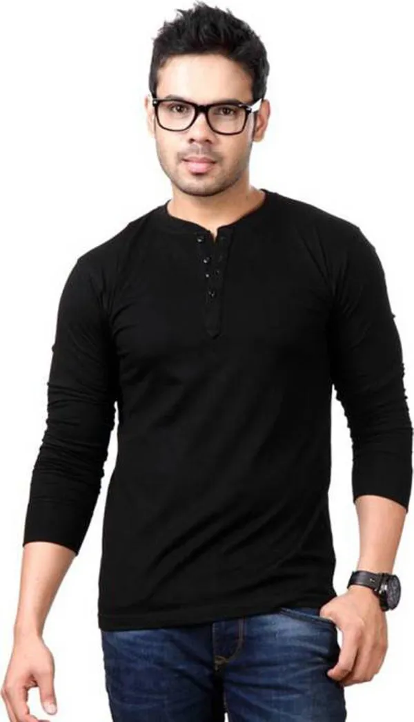 Black_Cotton_Solid_Henley_Neck_Regukar_Fit_T-Shirt_For_Men