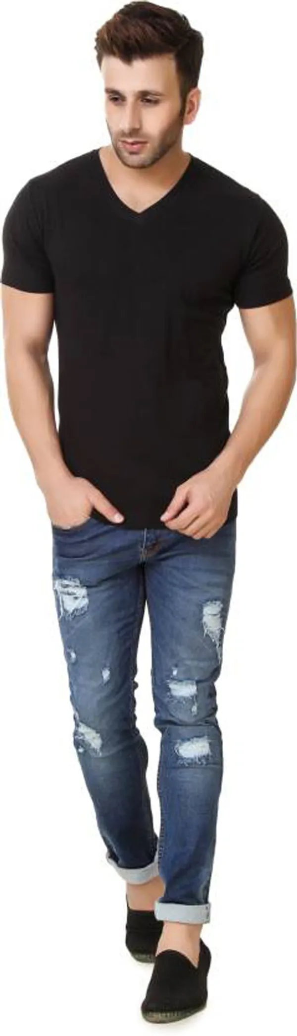 Black_Cotton_Solid_V_Neck_Regukar_Fit_T-Shirt_For_Men
