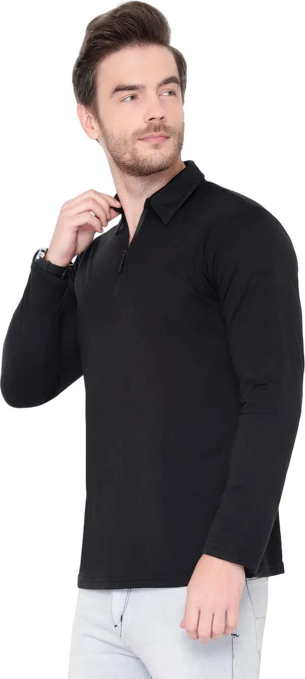 Black_Cotton_Solid_Polo_Neck_Regukar_Fit_T-Shirt_For_Men
