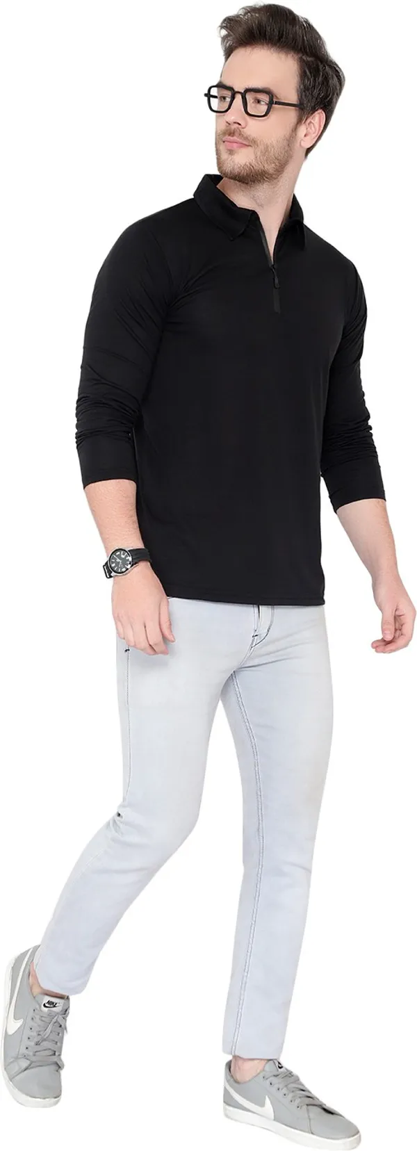 Black_Cotton_Solid_Polo_Neck_Regukar_Fit_T-Shirt_For_Men