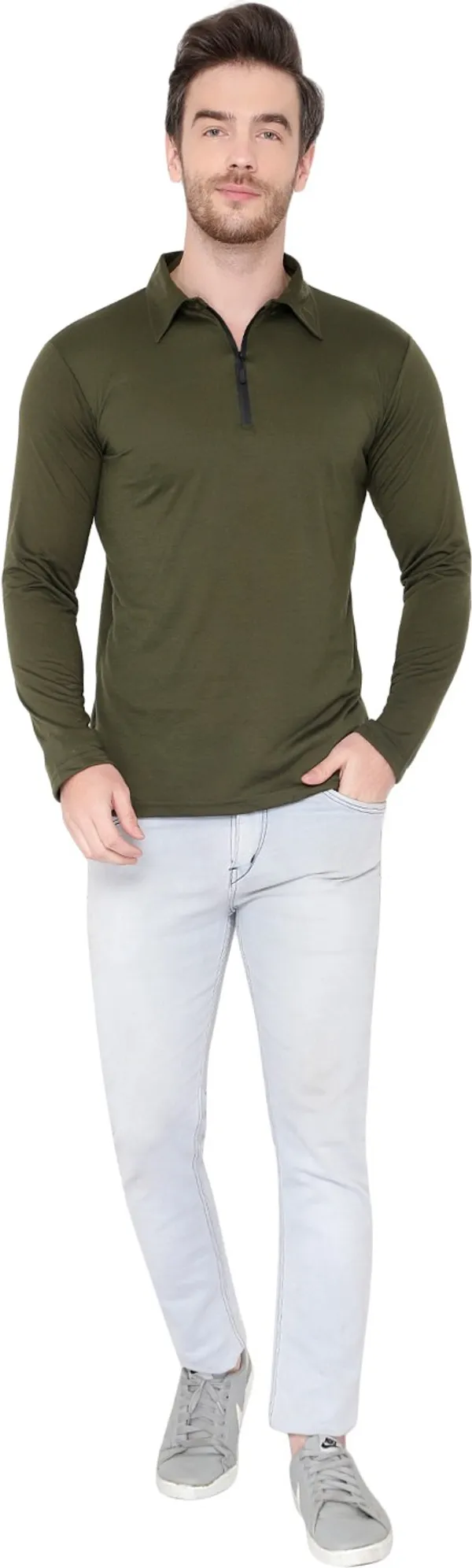Green_Cotton_Solid_Polo_Neck_Regukar_Fit_T-Shirt_For_Men
