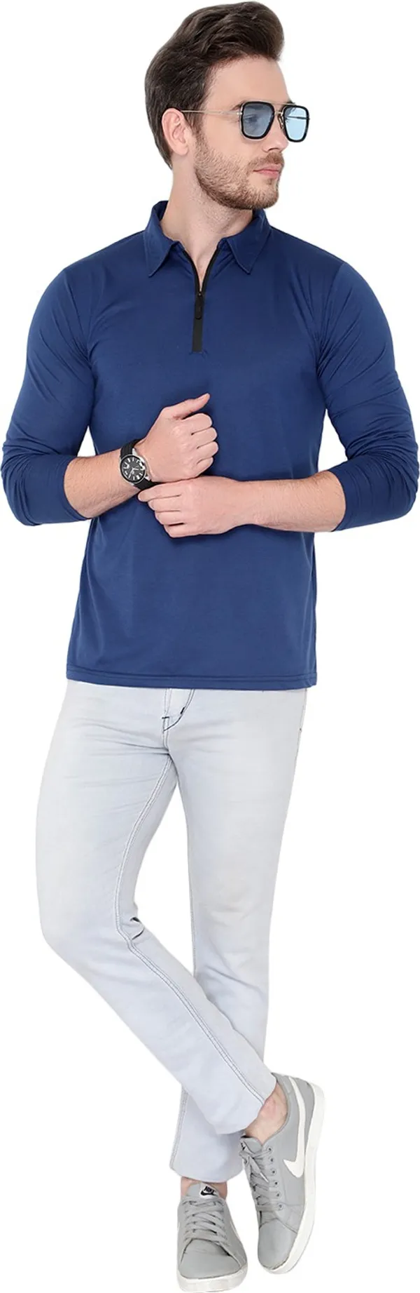Blue_Cotton_Solid_Polo_Neck_Regukar_Fit_T-Shirt_For_Men