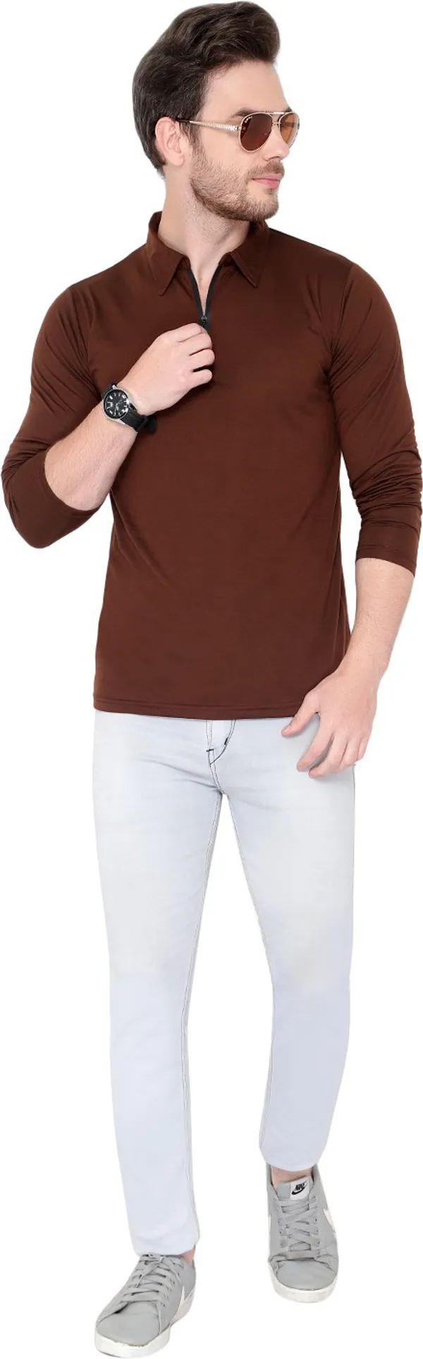 Brown_Cotton_Solid_Polo_Neck__Regukar_Fit_T-Shirt_For_Men