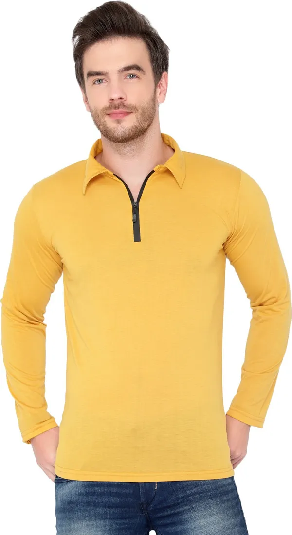 Yellow_Cotton_Solid_Polo_Neck_Regukar_Fit_T-Shirt_For_Men