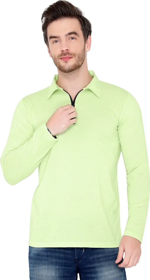 Light_Green_Cotton_Solid_Polo_Neck_Regukar_Fit_T-Shirt_For_Men