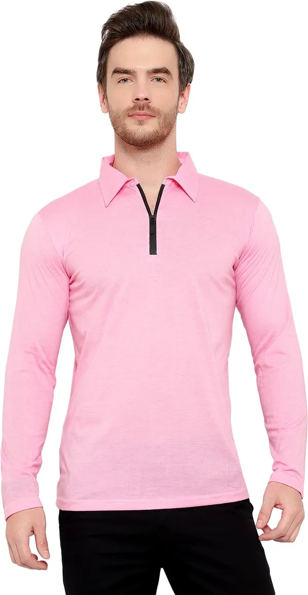 Pink_Cotton_Solid_Polo_Neck_Regukar_Fit_T-Shirt_For_Men