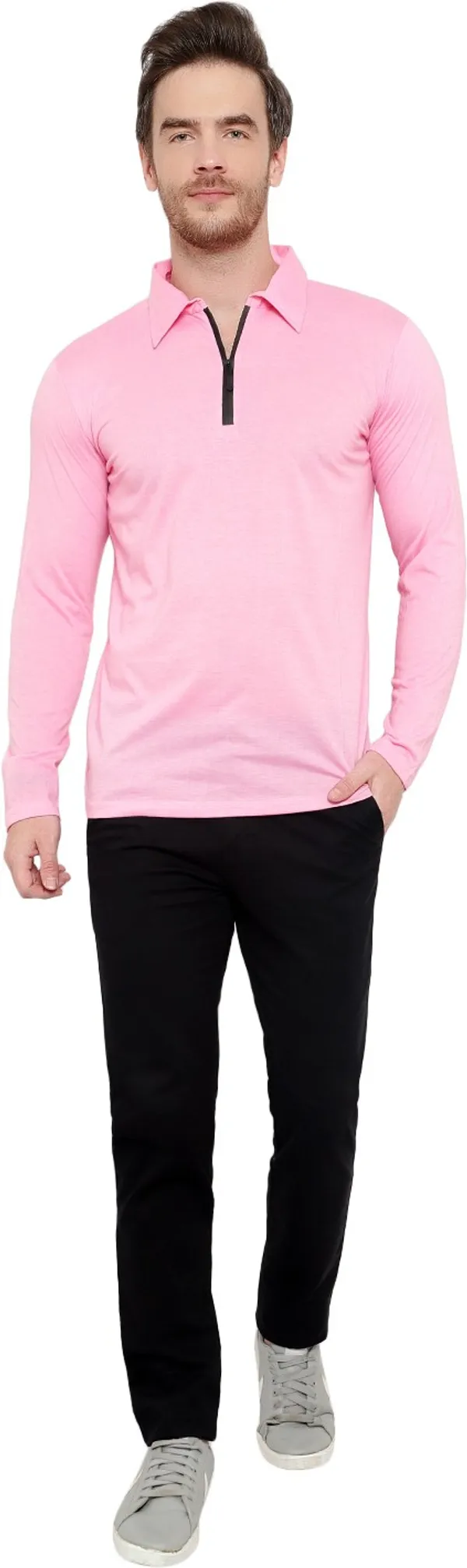 Pink_Cotton_Solid_Polo_Neck_Regukar_Fit_T-Shirt_For_Men