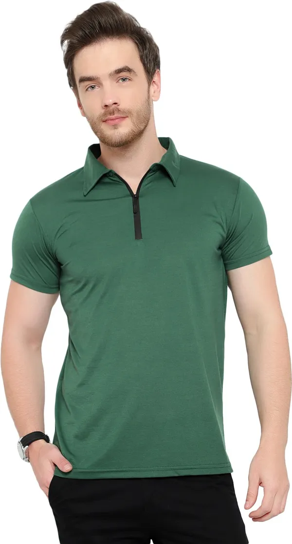 Dark_Green_Cotton_Solid_Polo_Neck_Regukar_Fit_T-Shirt_For_Men