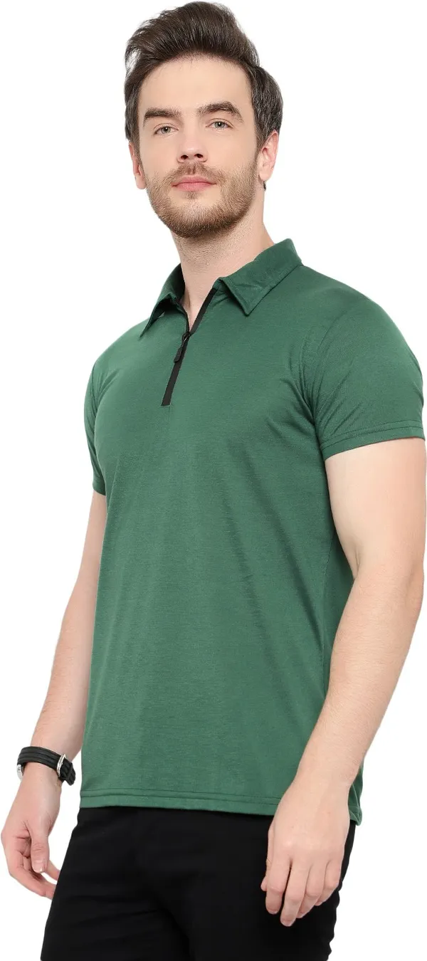 Dark_Green_Cotton_Solid_Polo_Neck_Regukar_Fit_T-Shirt_For_Men