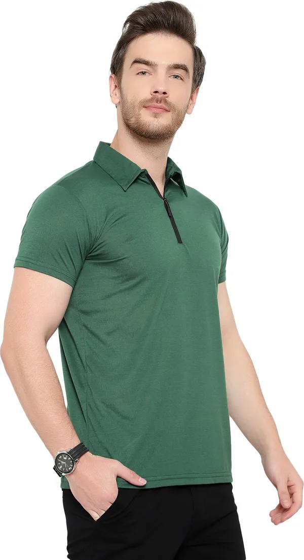 Dark_Green_Cotton_Solid_Polo_Neck_Regukar_Fit_T-Shirt_For_Men