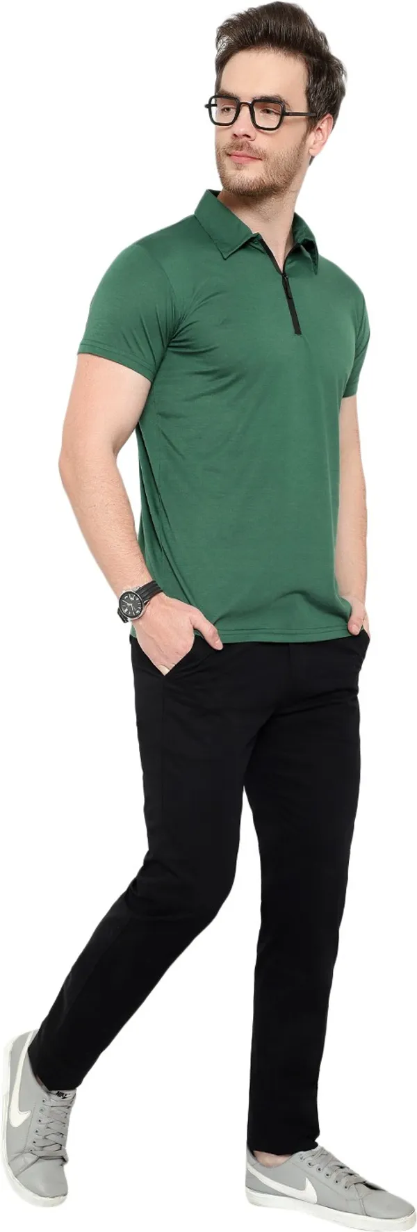 Dark_Green_Cotton_Solid_Polo_Neck_Regukar_Fit_T-Shirt_For_Men