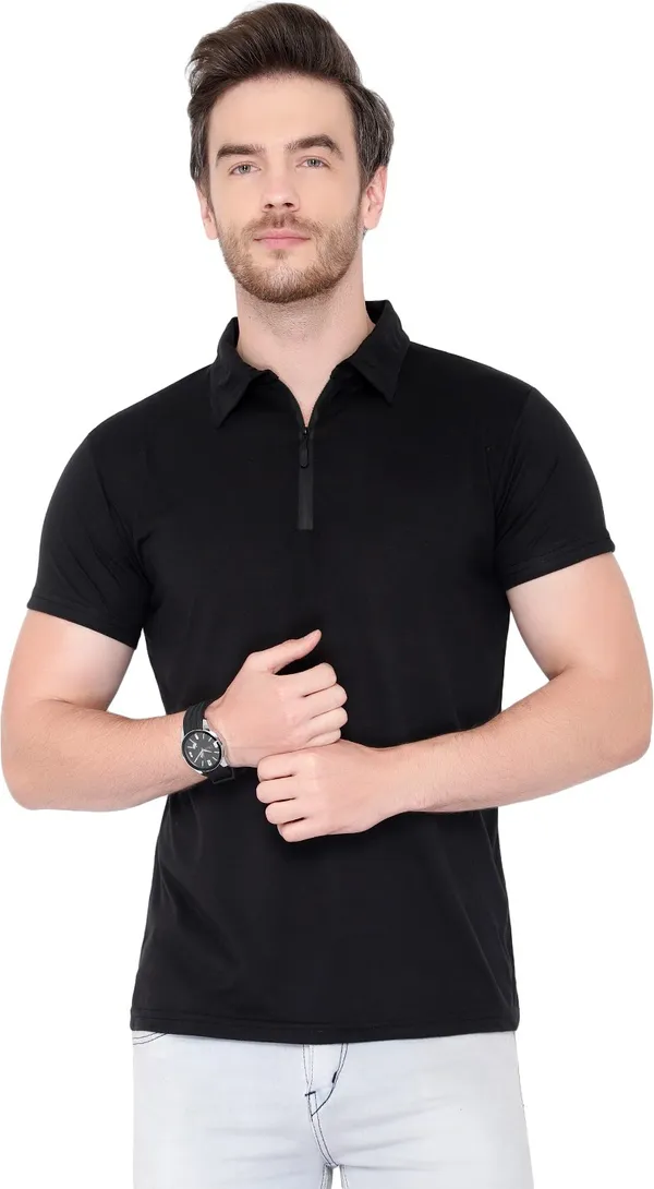 Black_Cotton_Solid_Polo_Neck_Regukar_Fit_T-Shirt_For_Men
