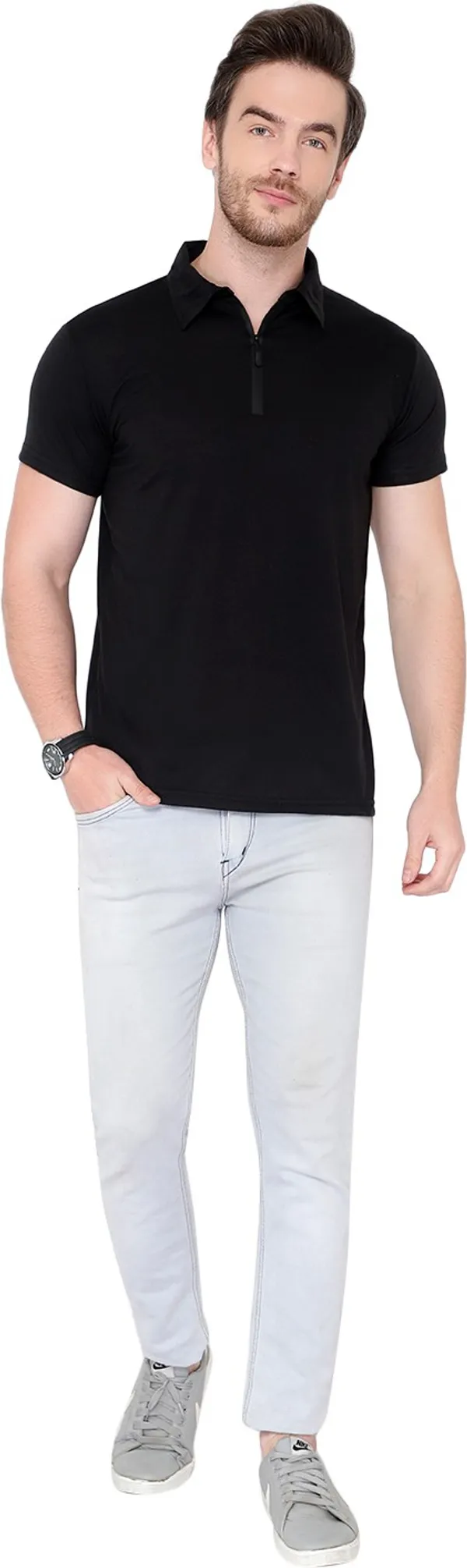 Black_Cotton_Solid_Polo_Neck_Regukar_Fit_T-Shirt_For_Men