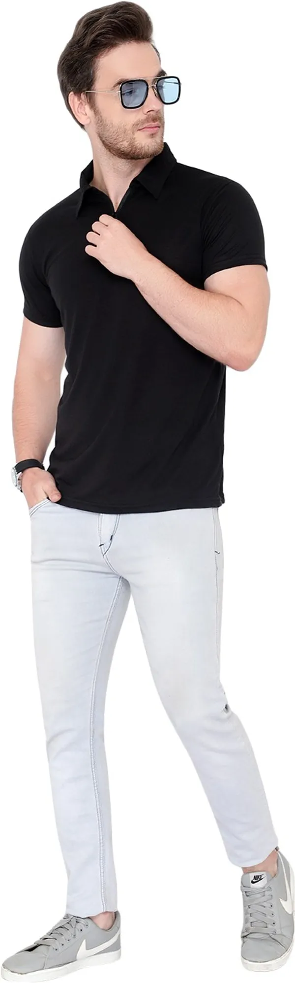 Black_Cotton_Solid_Polo_Neck_Regukar_Fit_T-Shirt_For_Men