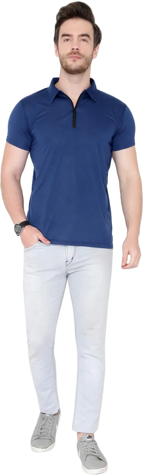Dark_Blue_Cotton_Solid_Polo_Neck_Regukar_Fit_T-Shirt_For_Men