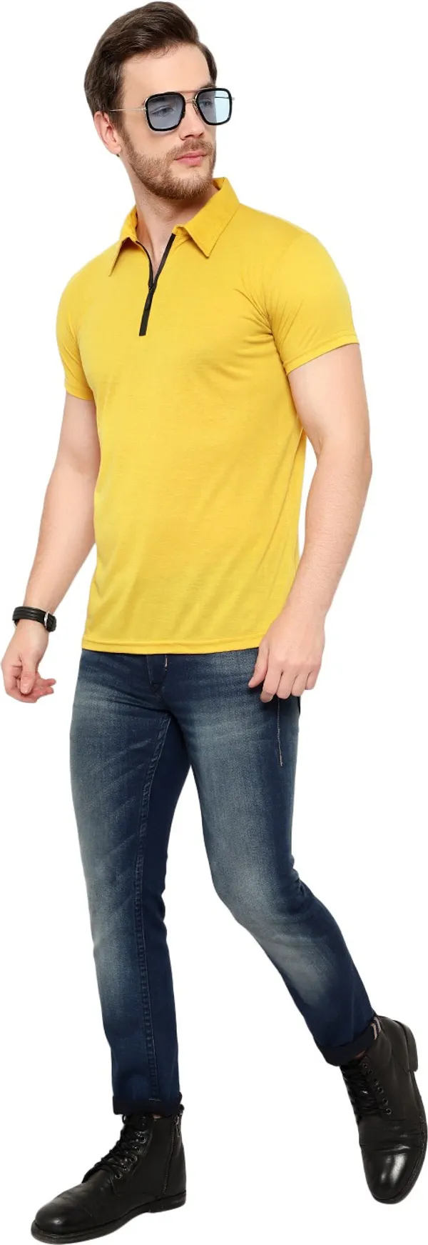 Yellow_Cotton_Solid_Polo_Neck_Regukar_Fit_T-Shirt_For_Men