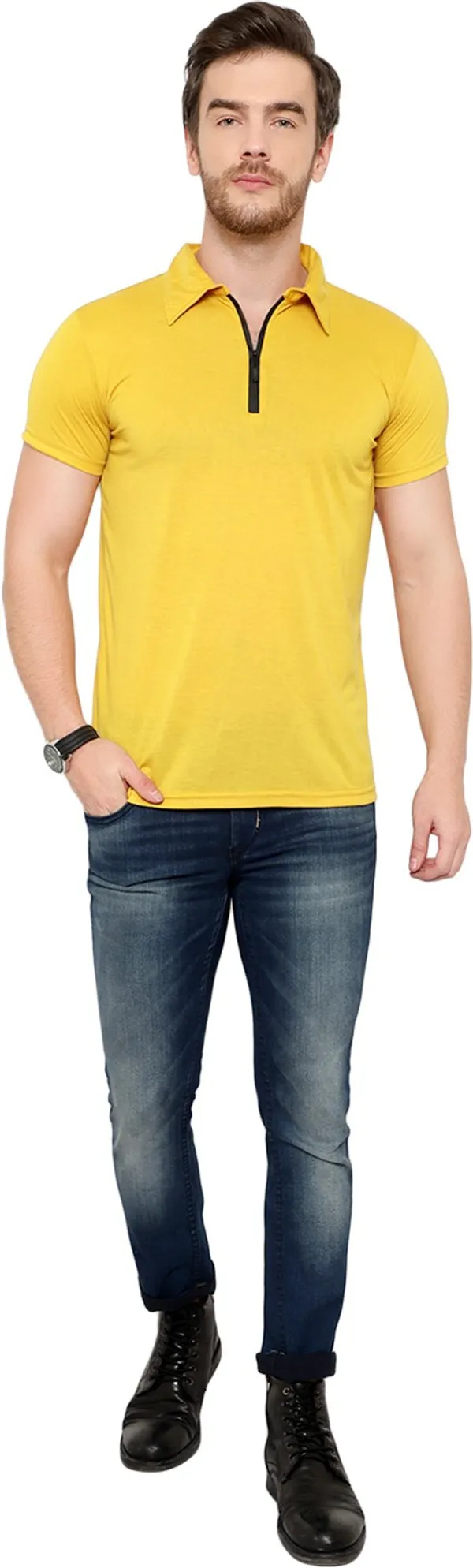 Yellow_Cotton_Solid_Polo_Neck_Regukar_Fit_T-Shirt_For_Men