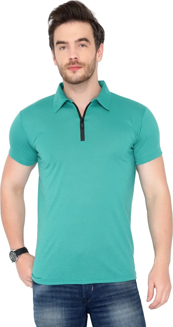 Light_Green_Cotton_Solid_Polo_Neck_Regukar_Fit_T-Shirt_For_Men