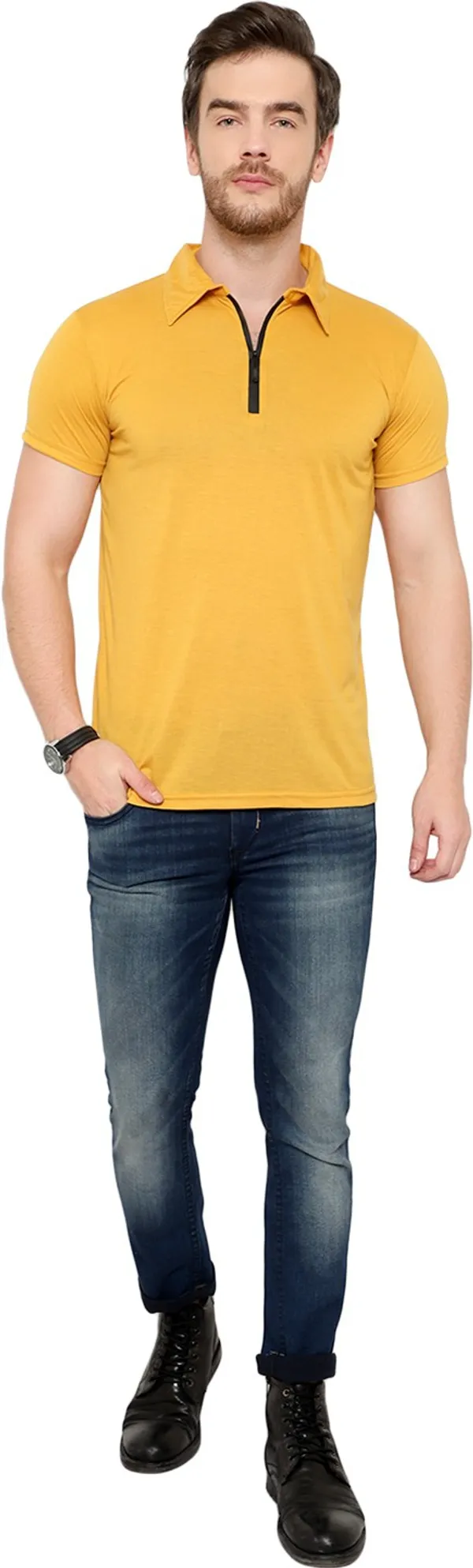 Yellow_Cotton_Solid_Polo_Neck_Regukar_Fit_T-Shirt_For_Men