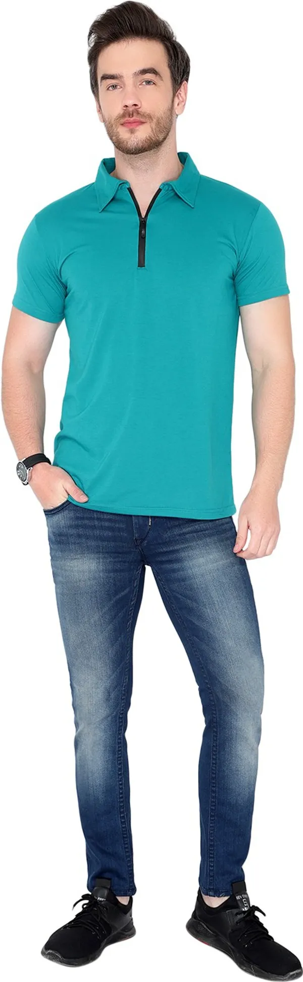 Dark_Blue_Cotton_Solid_Polo_Neck_Regukar_Fit_T-Shirt_For_Men