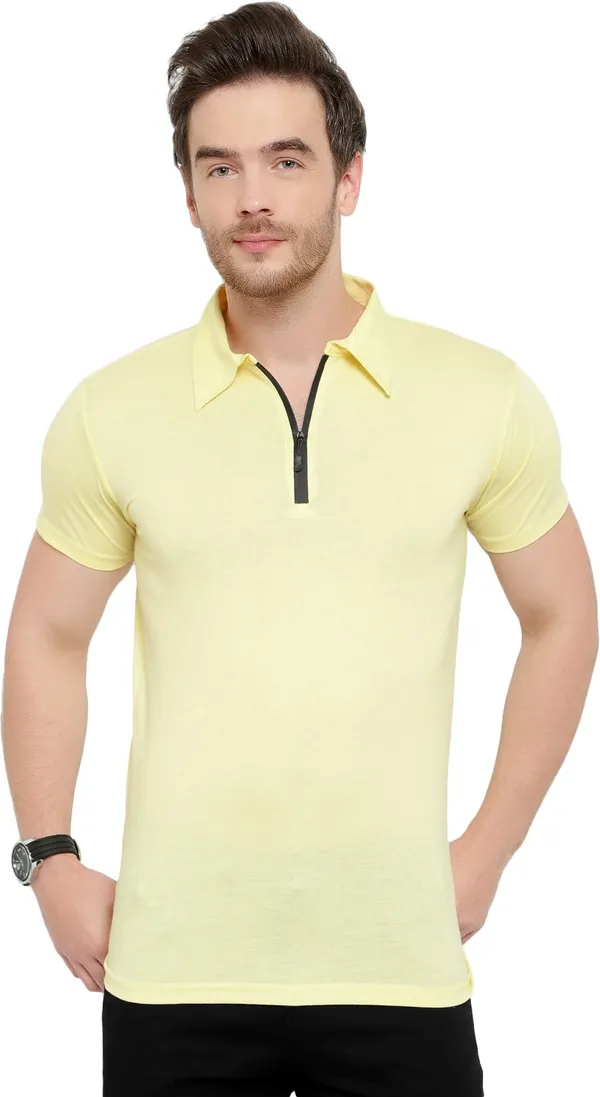 Yellow_Cotton_Solid_Polo_Neck_Regukar_Fit_T-Shirt_For_Men