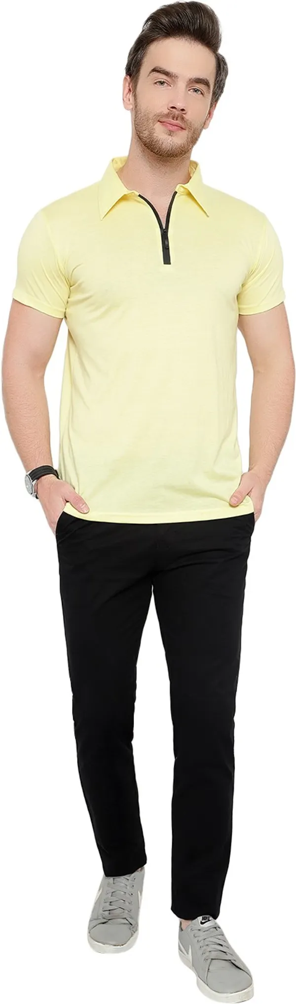 Yellow_Cotton_Solid_Polo_Neck_Regukar_Fit_T-Shirt_For_Men