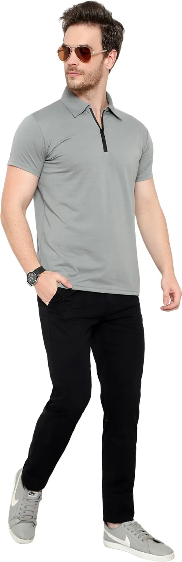 Grey_Cotton_Solid_Polo_Neck_Regukar_Fit_T-Shirt_For_Men