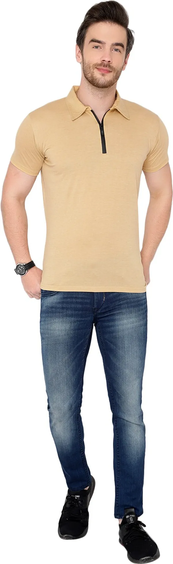 Beige_Cotton_Solid_Polo_Neck_Regukar_Fit_T-Shirt_For_Men