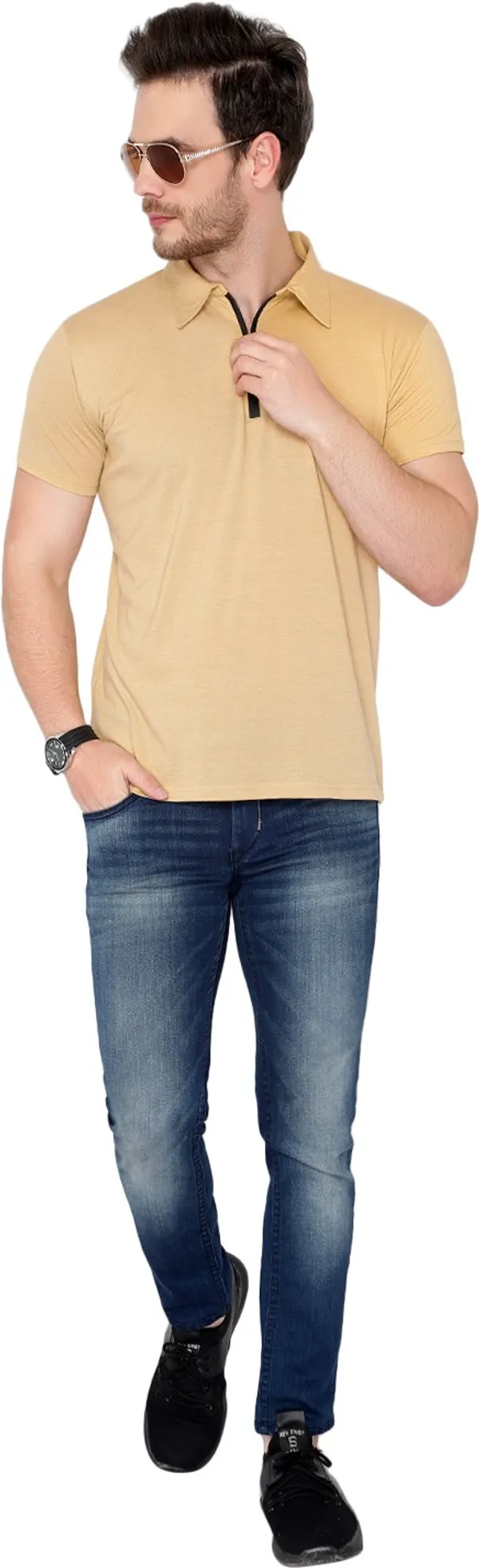 Beige_Cotton_Solid_Polo_Neck_Regukar_Fit_T-Shirt_For_Men