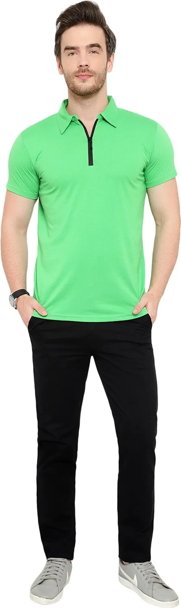 Green_Cotton_Solid_Polo_Neck_Regukar_Fit_T-Shirt_For_Men