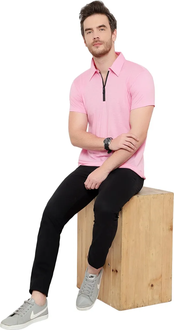 Pink_Cotton_Solid_Polo_Neck_Regukar_Fit_T-Shirt_For_Men