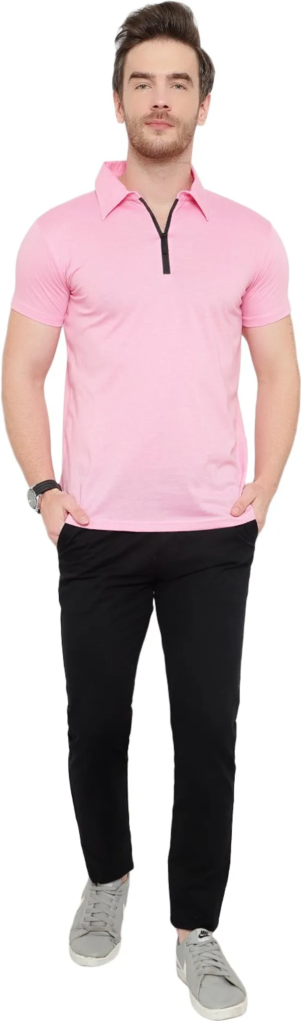 Pink_Cotton_Solid_Polo_Neck_Regukar_Fit_T-Shirt_For_Men