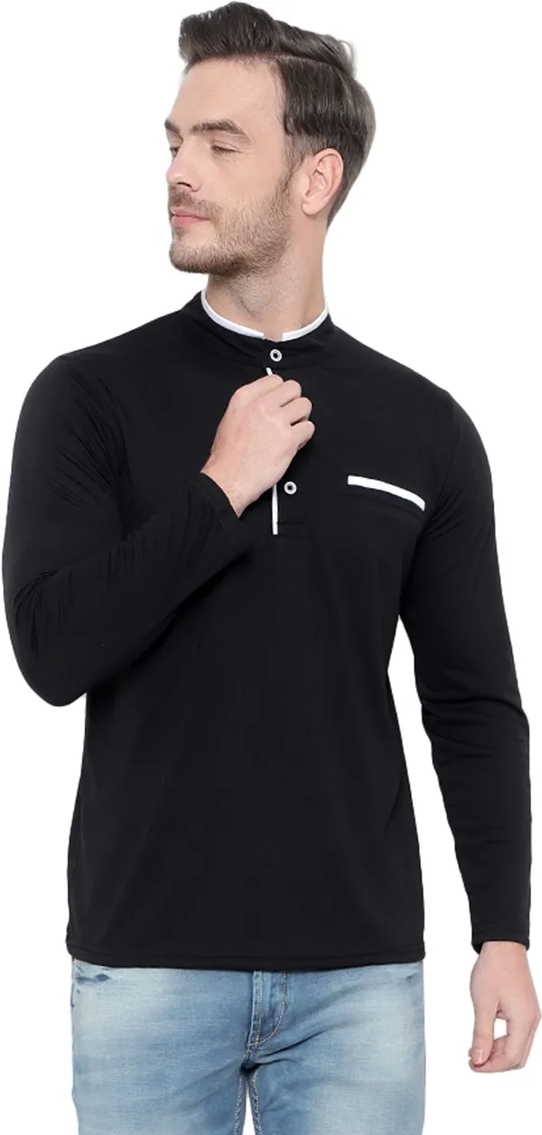 Black_Cotton_Solid_Mandarin_Collar_Regukar_Fit_T-Shirt_For_Men